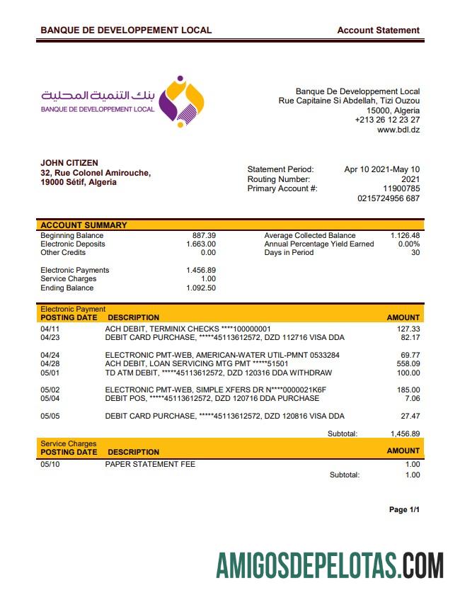 Algeria Banque De Developpement Local modelo de extrato bancário